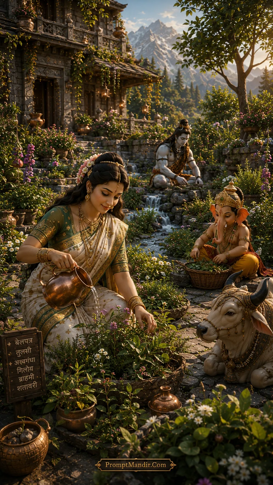 Parvati watering plants in a garden with Shiva meditating and Ganesha working in the background, with a medicinal herb signboard