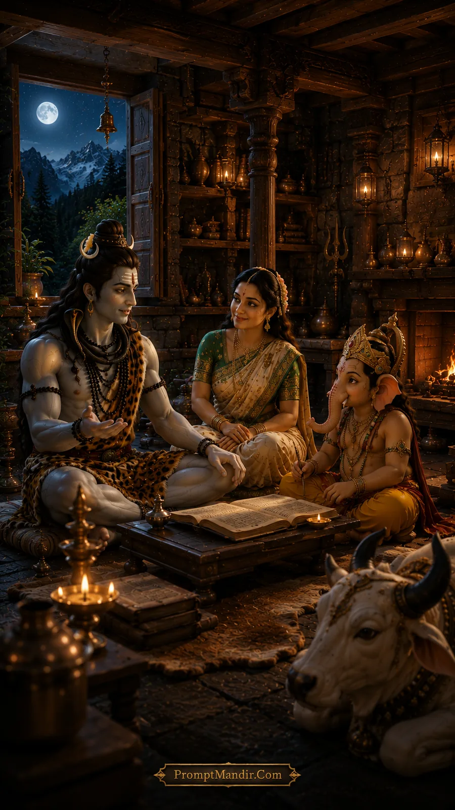 Shiva family sitting by a fireplace at night, reading from an ancient book, with a full moon visible through the window