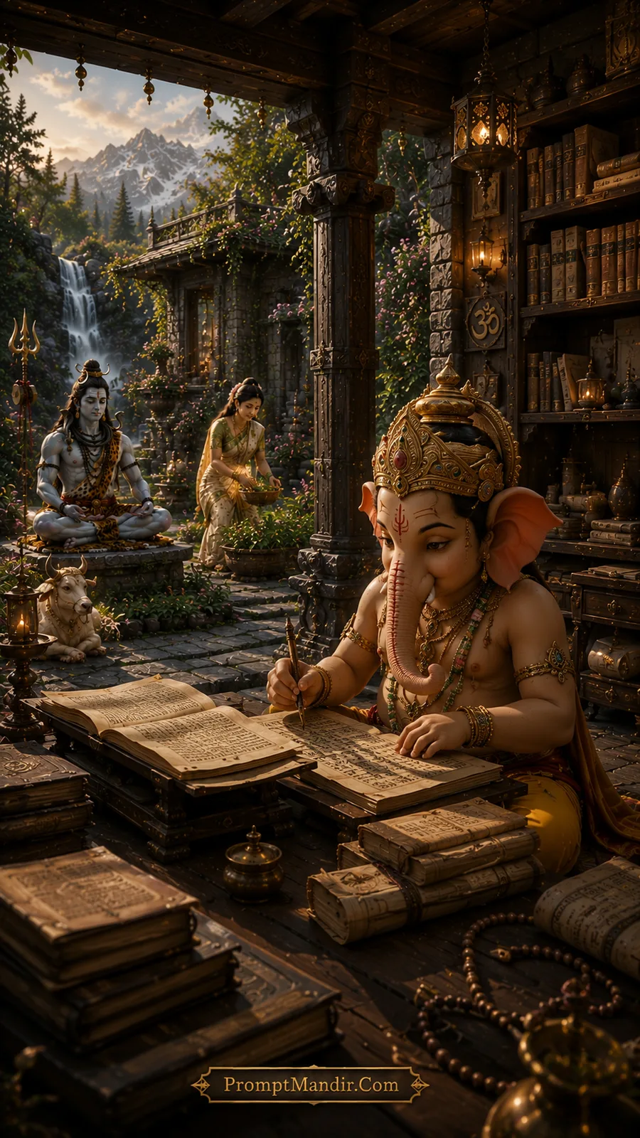 Young Ganesha writing on a manuscript with a quill in a Himalayan library, with Shiva meditating and Parvati gardening in the background