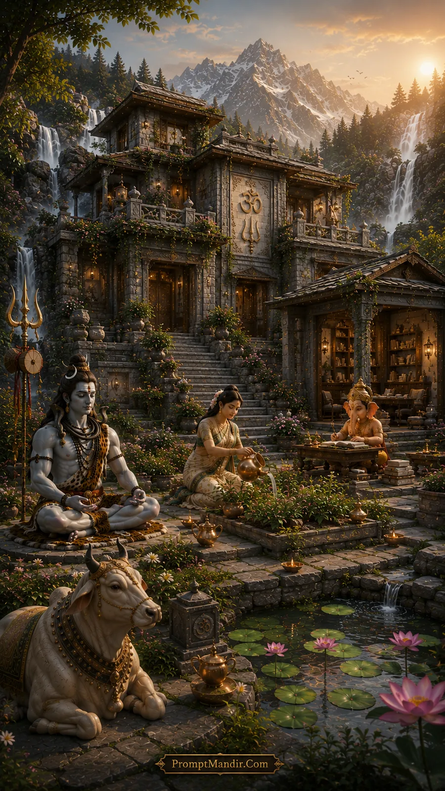 Shiva family in their Himalayan home courtyard, with Shiva meditating, Parvati watering plants, and Ganesha reading a book