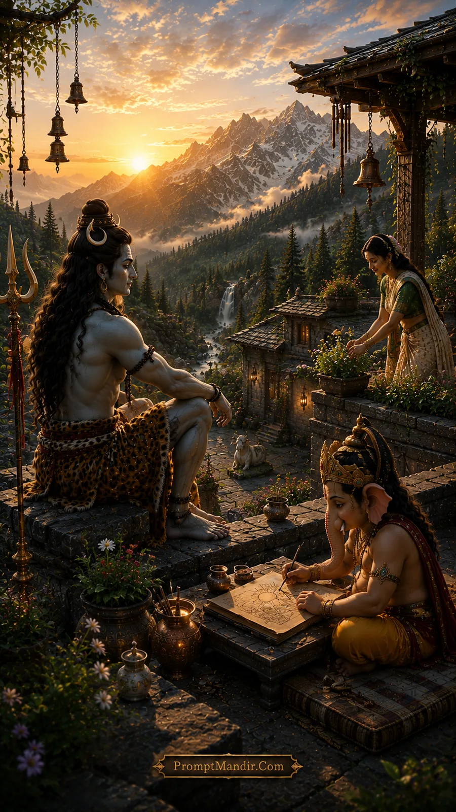 Shiva sitting with his back turned, watching the sunset, while Ganesha draws on a board and Parvati gardens nearby