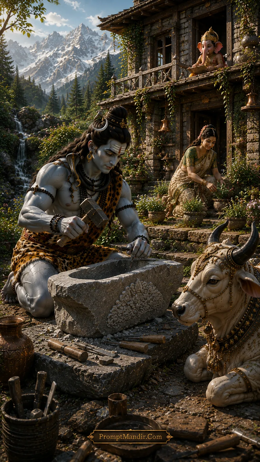 Shiva carving floral patterns into a stone block with a hammer and chisel, while Parvati gardens and Ganesha watches from a balcony