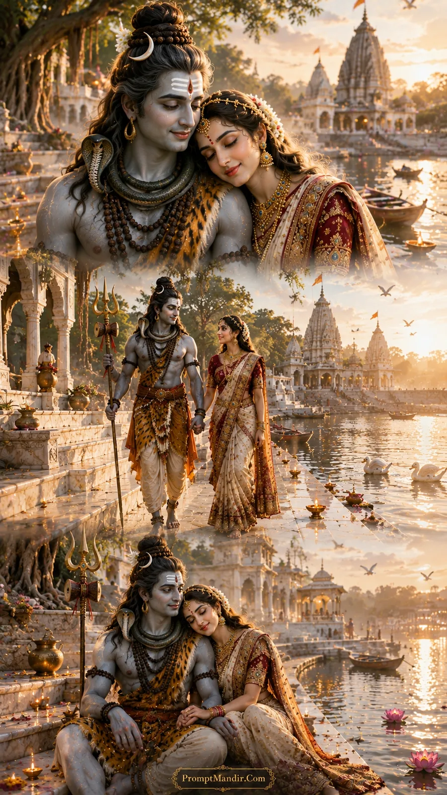 Lord Shiva and Goddess Parvati in three divine moments on the marble steps of a sacred river ghat with golden temples, swans, and floating diyas