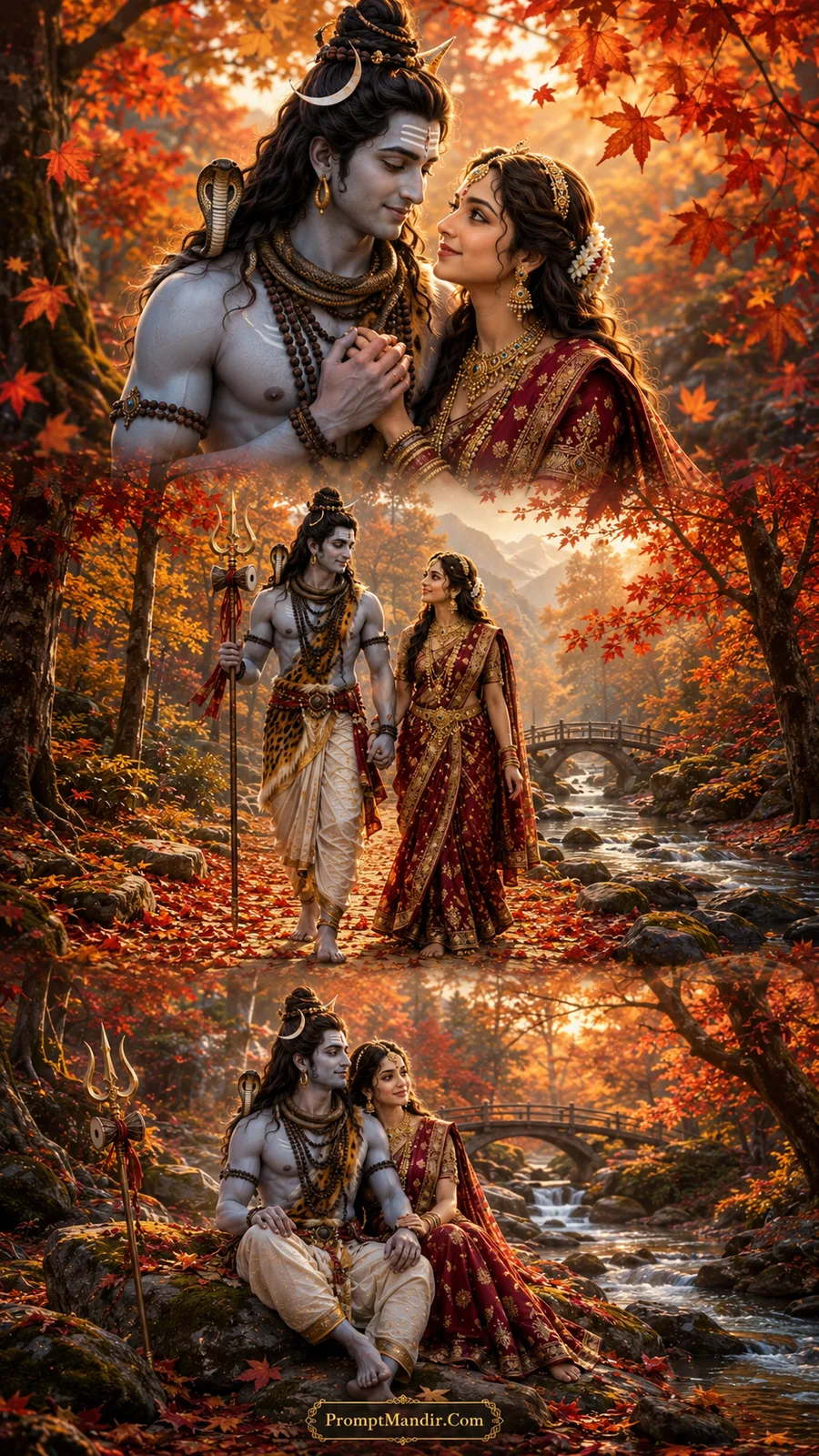Lord Shiva and Goddess Parvati in three divine moments walking through a radiant autumn forest with golden maple leaves and a wooden bridge