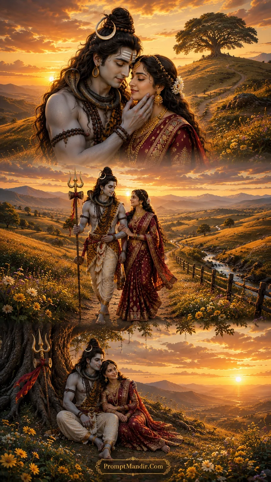 Lord Shiva and Goddess Parvati in three divine moments walking through golden rolling hills at sunset with a rustic fence and a large tree