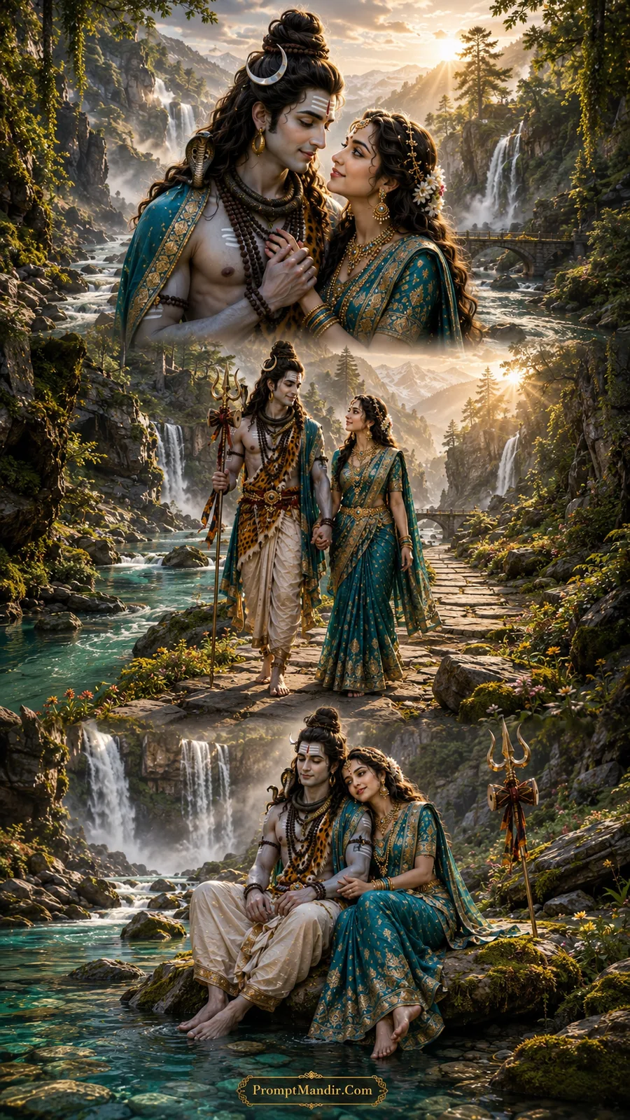 Lord Shiva and Goddess Parvati in three divine moments relaxing by a lush green waterfall valley with turquoise water and stone paths