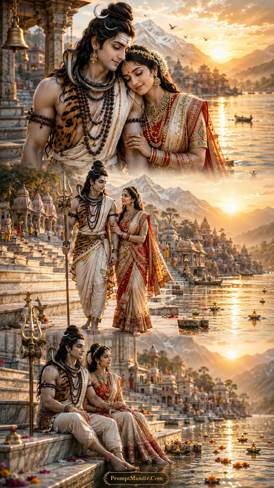 Lord Shiva and Goddess Parvati in three divine moments along a Himalayan lake with marble ghats, snowy peaks, and golden sunset reflections