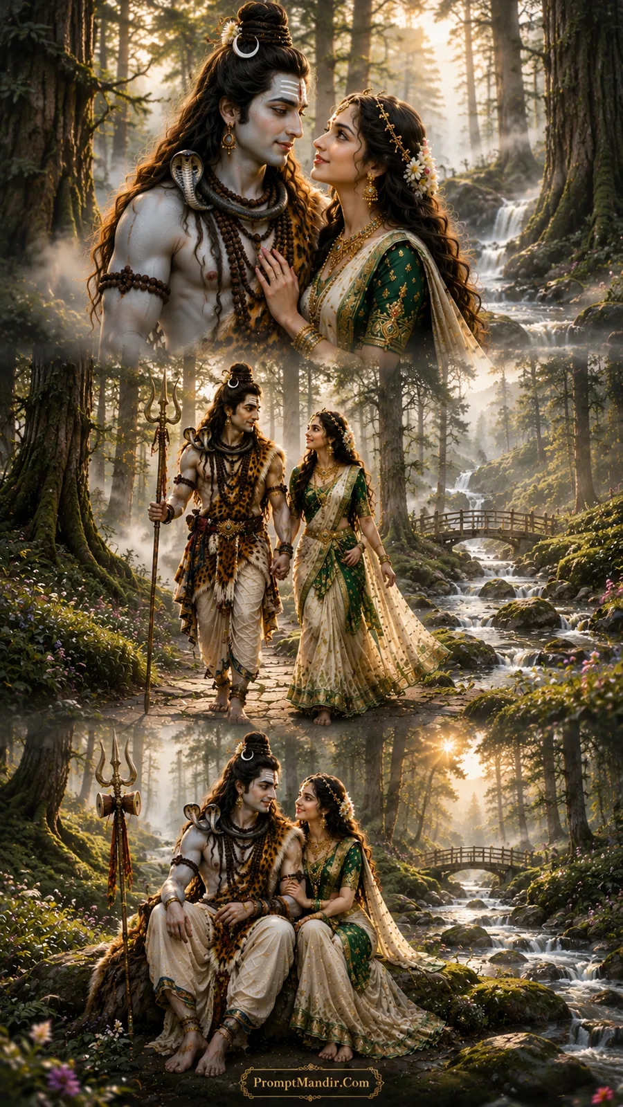 Lord Shiva and Goddess Parvati in three divine moments in a misty ancient forest with tall trees, a small bridge, and golden sunbeams