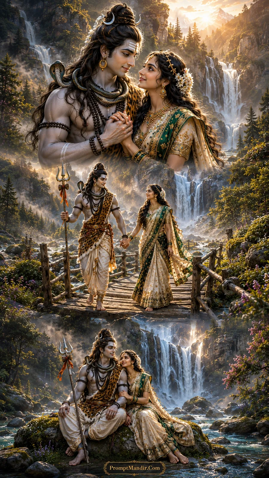 Lord Shiva and Goddess Parvati in three divine moments crossing a wooden bridge over a cascading mountain waterfall in a golden forest