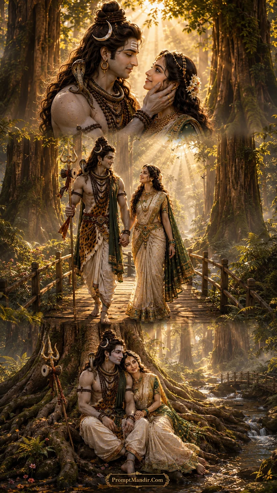 Lord Shiva and Goddess Parvati in three divine moments sitting near the gnarled roots of an ancient tree with a forest bridge and golden sunlight
