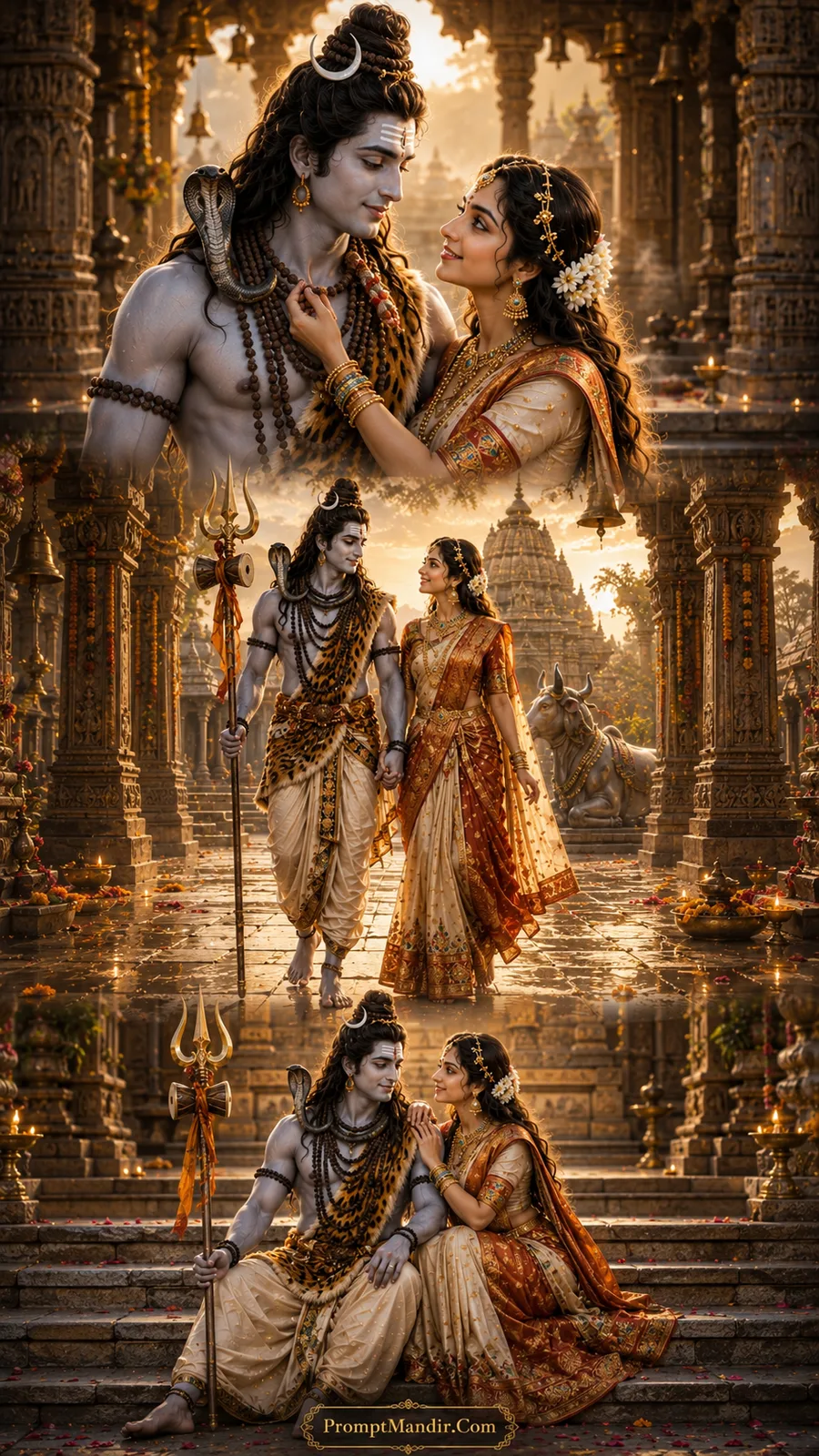 Lord Shiva and Goddess Parvati in three divine moments inside an ancient stone temple complex with carved pillars, bells, and a sacred Nandi