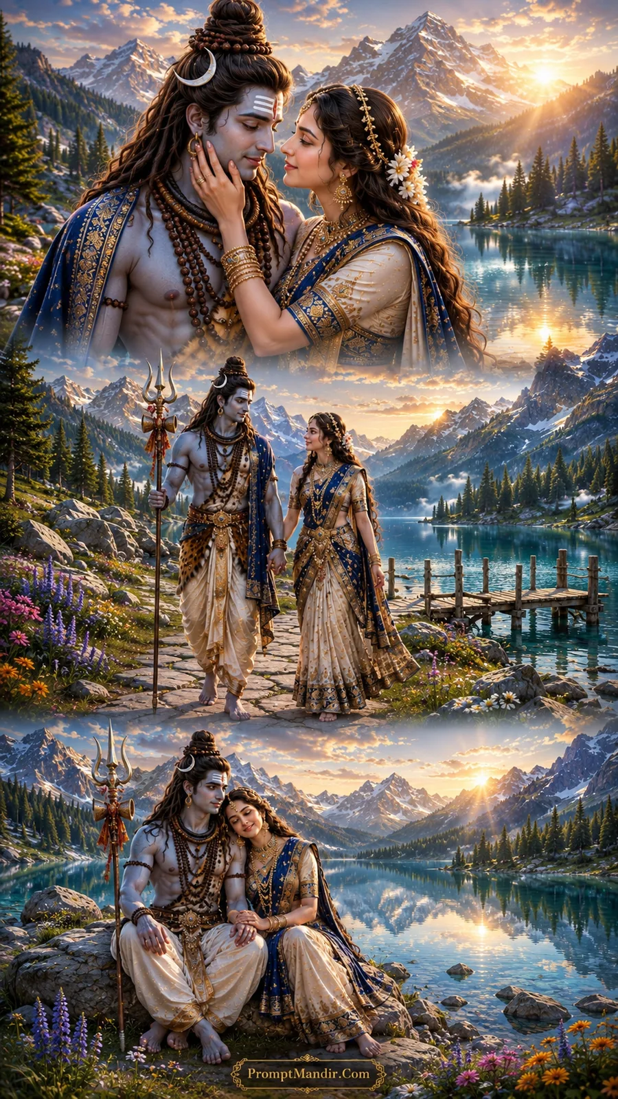 Lord Shiva and Goddess Parvati in three divine moments by a crystal-clear alpine lake with snow-capped mountains, pine trees, and a wooden pier