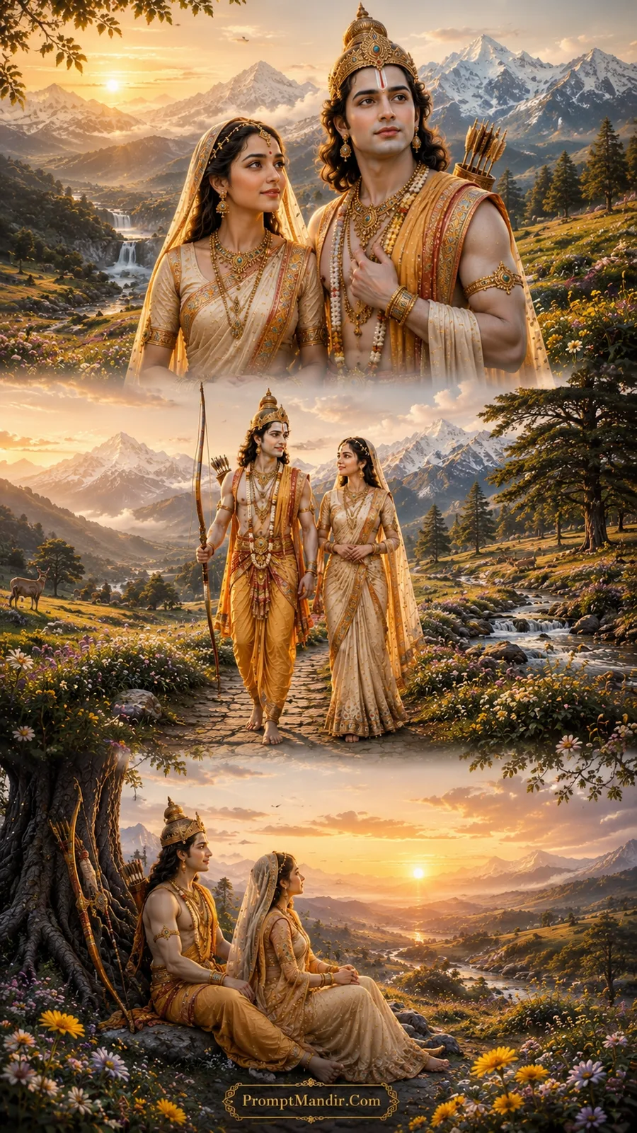 Lord Rama and Goddess Sita in three divine moments across a golden Himalayan valley with blooming meadows, waterfalls, and a deer