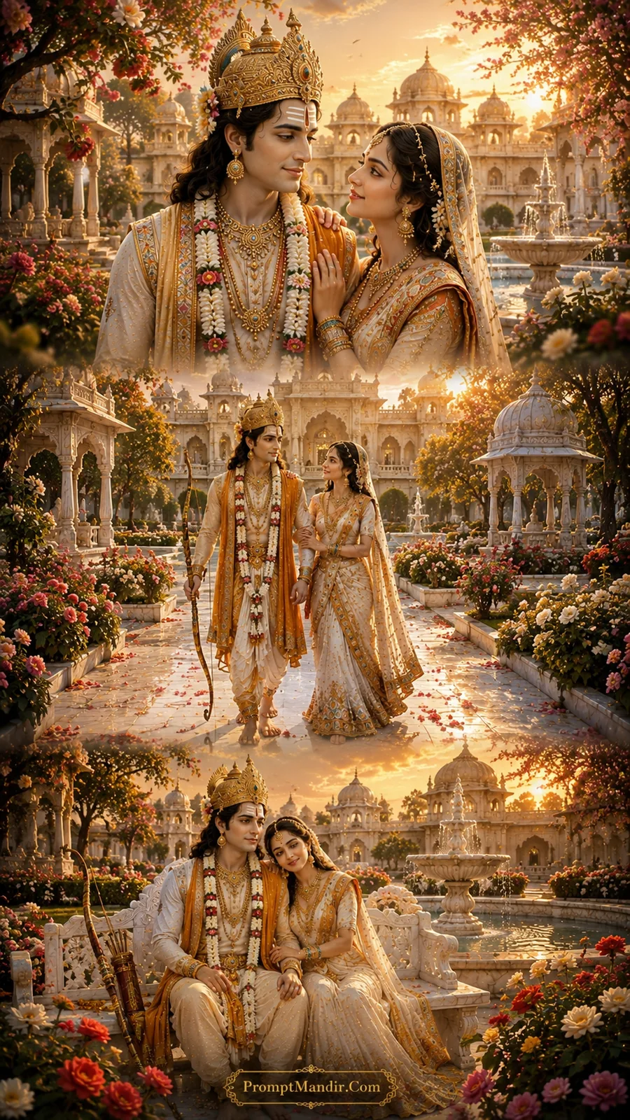 Lord Rama and Goddess Sita in three divine moments within a grand royal garden with marble fountains, blooming flowers, and palace domes