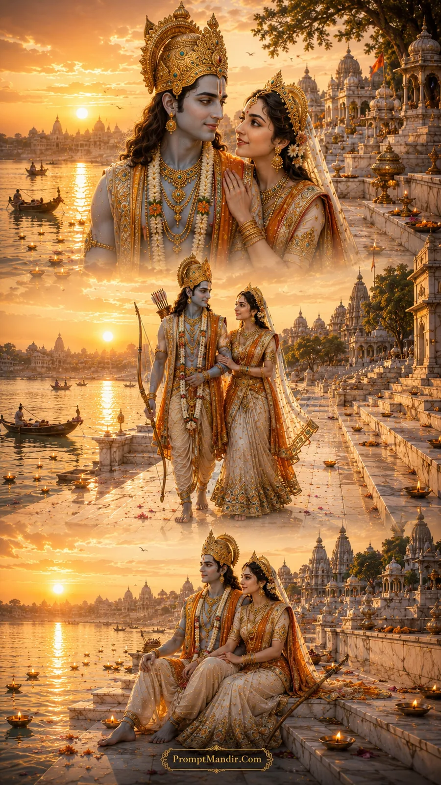 Lord Rama and Goddess Sita in three divine moments along the sacred ghats of a holy river with golden temple spires and floating diyas at sunset
