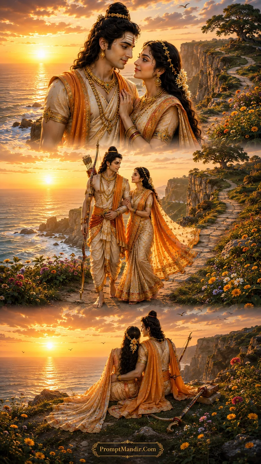 Lord Rama and Goddess Sita in three divine moments along a rocky coastal cliff overlooking the golden ocean at sunset