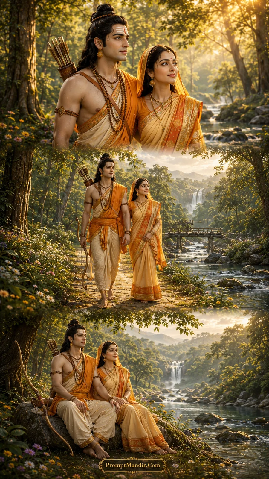 Lord Rama and Goddess Sita in three divine moments walking through a lush green forest with a wooden bridge and a cascading waterfall