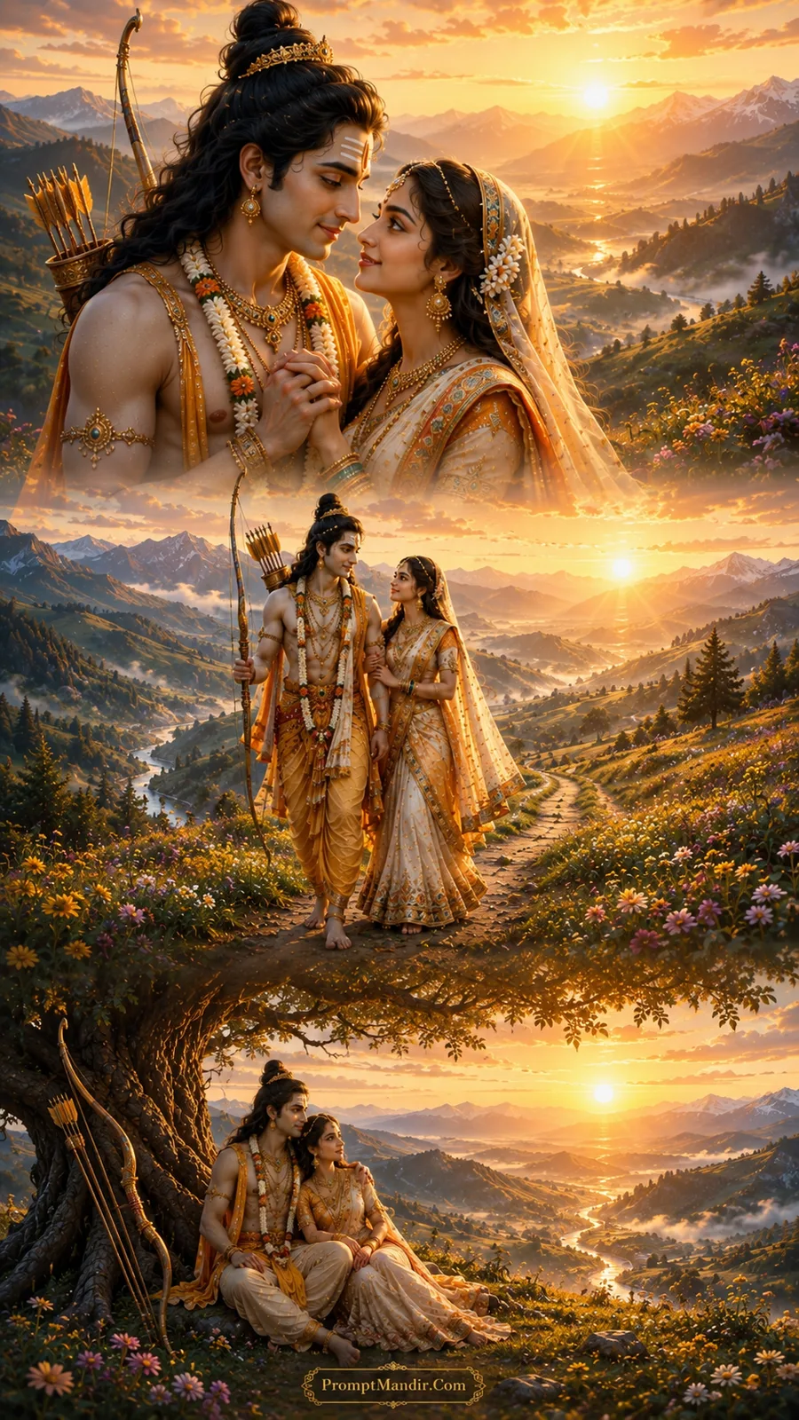 Lord Rama and Goddess Sita in three divine moments across a golden mountain landscape with a meandering river, wildflowers, and a sunset sky