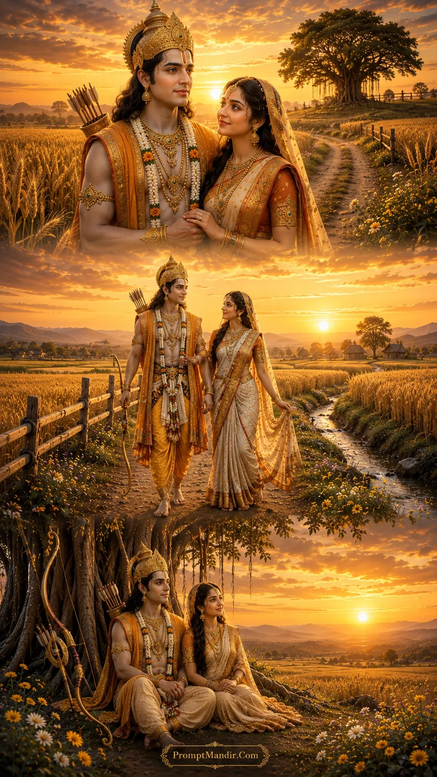 Lord Rama and Goddess Sita in three divine moments strolling through golden wheat fields with a rustic fence and a glowing sunset