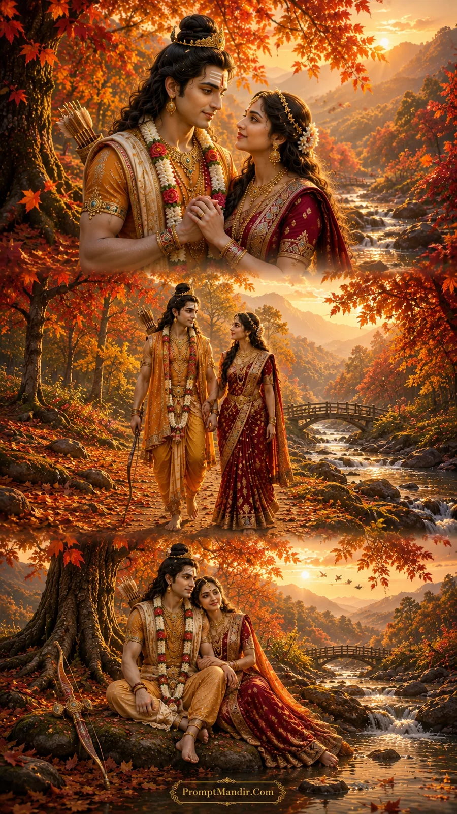 Lord Rama and Goddess Sita in three divine moments through a radiant autumn forest with golden maple leaves and a wooden bridge