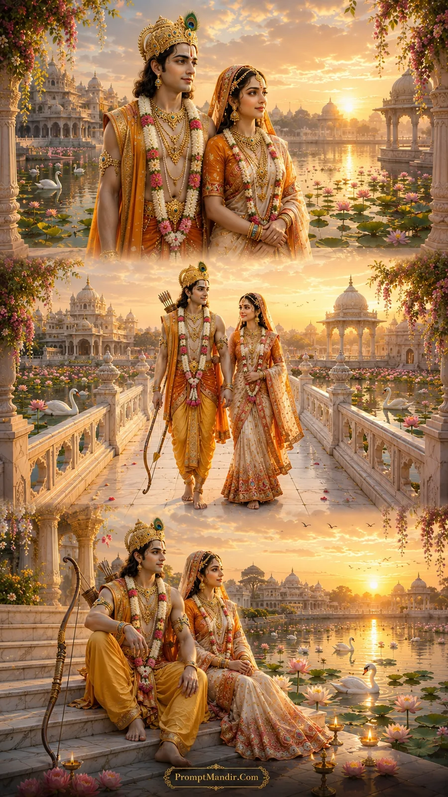 Lord Rama and Goddess Sita in three divine moments on a marble bridge in a sacred lotus lake palace with white swans and golden domes