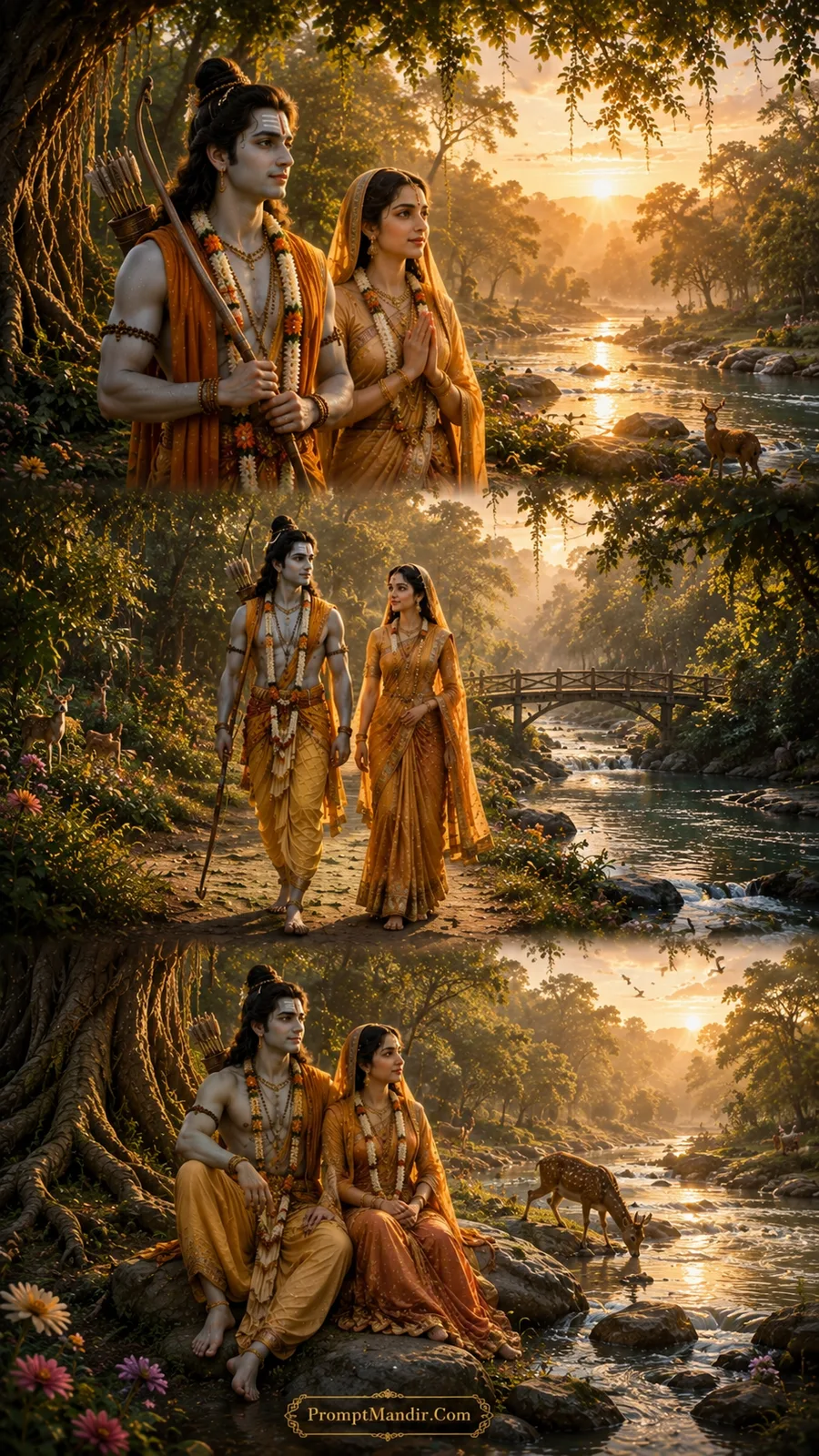 Lord Rama and Goddess Sita in three divine moments beside a sacred forest river with a wooden bridge and a gentle deer drinking water