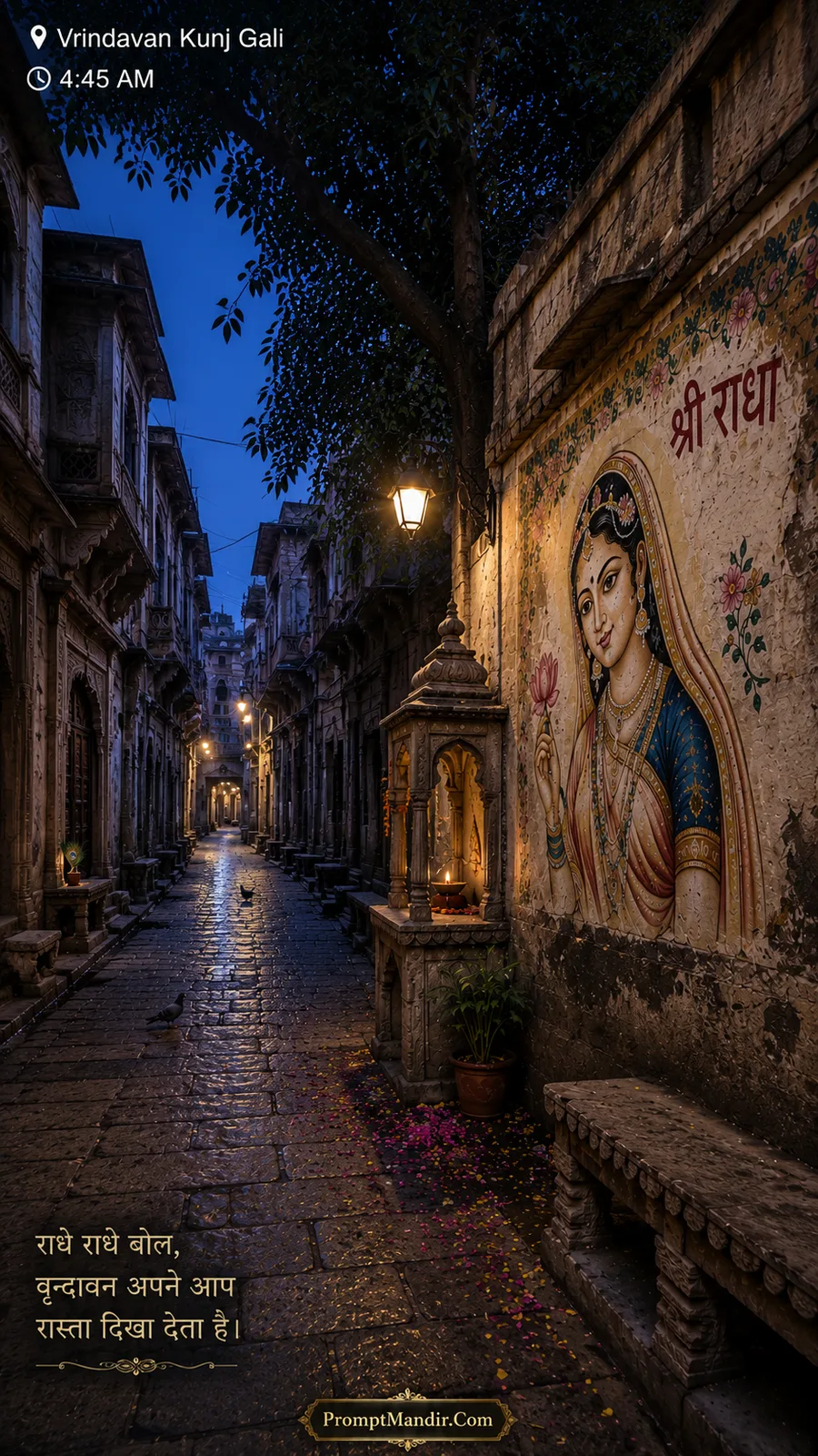 Serene pre-dawn view of Vrindavan's Kunj Gali at 4:45 AM, with wet stone streets, a lit lamp, a small shrine, and a mural of Shri Radha on the wall