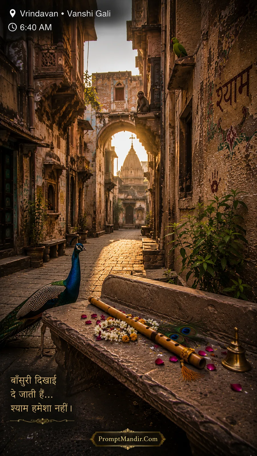Golden morning sunlight illuminating Vrindavan's Vanshi Gali at 6:40 AM, with a peacock, a bamboo flute, flowers, and a small bell on a stone bench