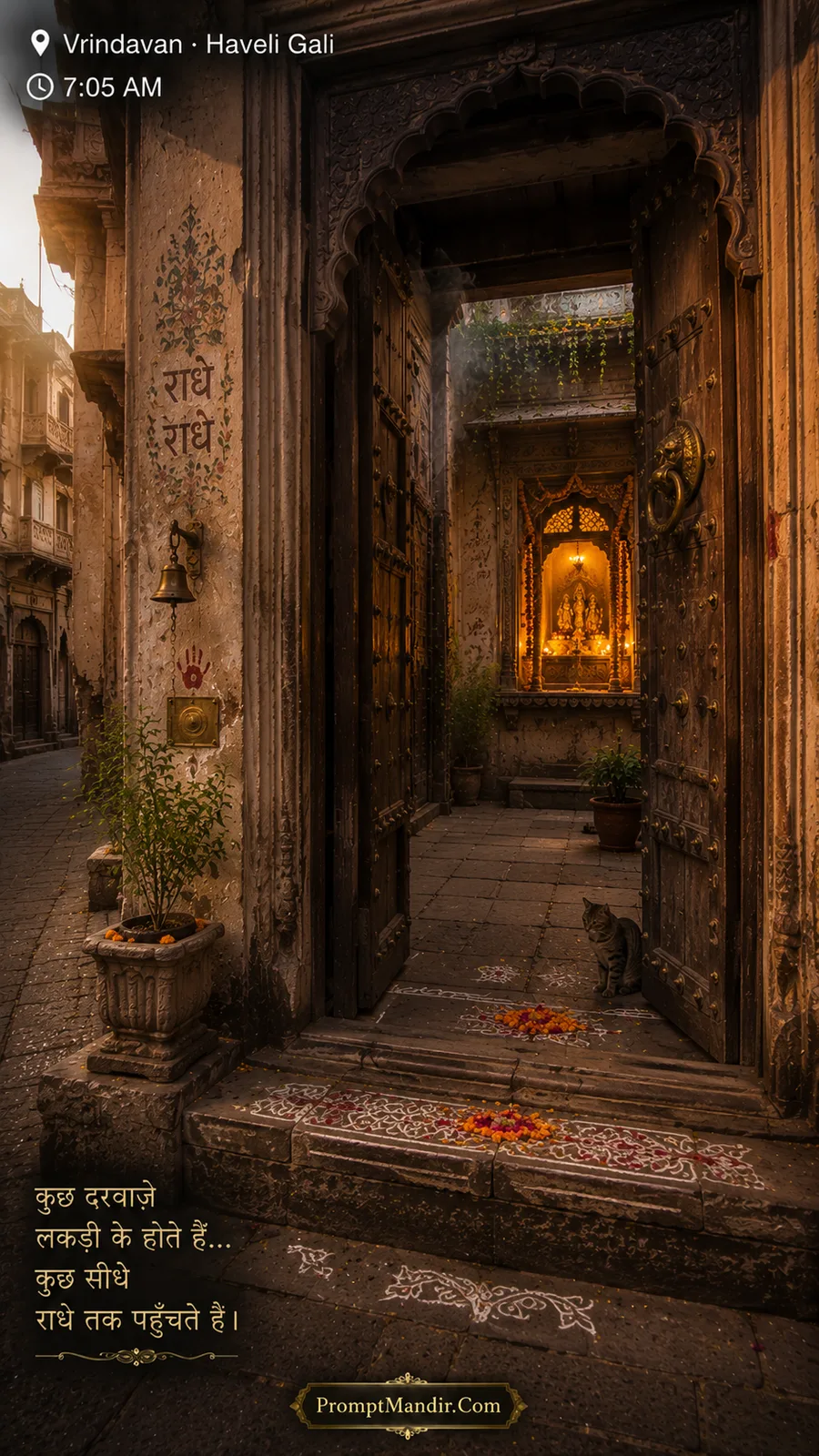 Ancient wooden doors of a Haveli opening to a glowing shrine at 7:05 AM, with a cat and rangoli patterns at the doorstep
