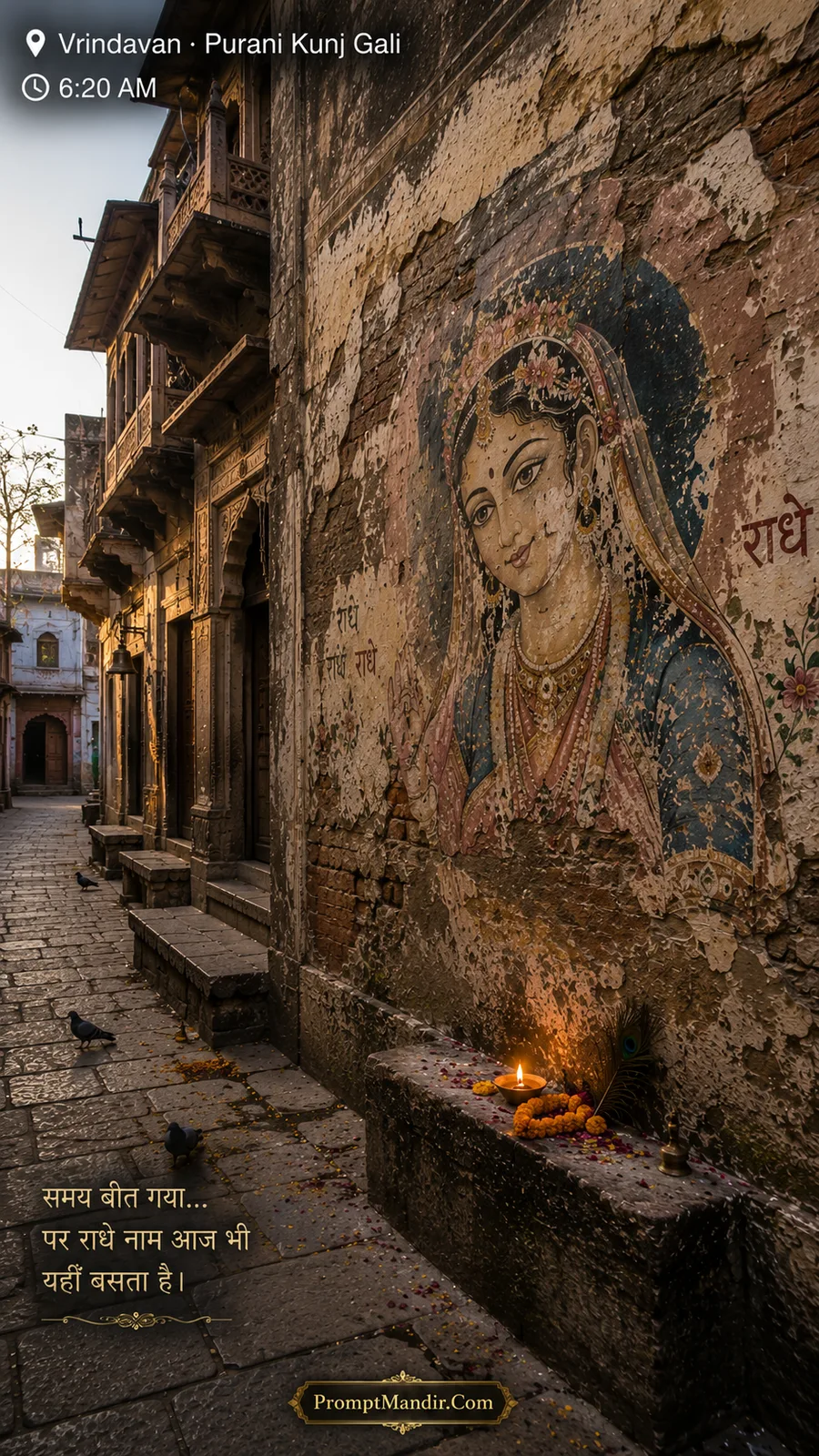 A weathered mural of Shri Radha on an old wall in Purani Kunj Gali at 6:20 AM, with a lit diya and a peacock feather on a stone ledge