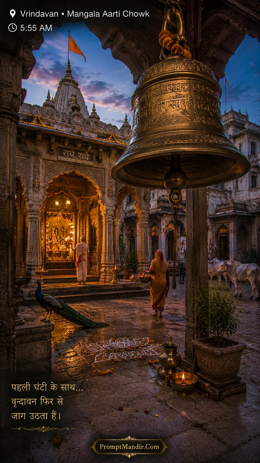 The sacred Mangala Aarti Chowk in Vrindavan at 5:55 AM, with a giant brass bell, a peacock, and devotees entering the temple