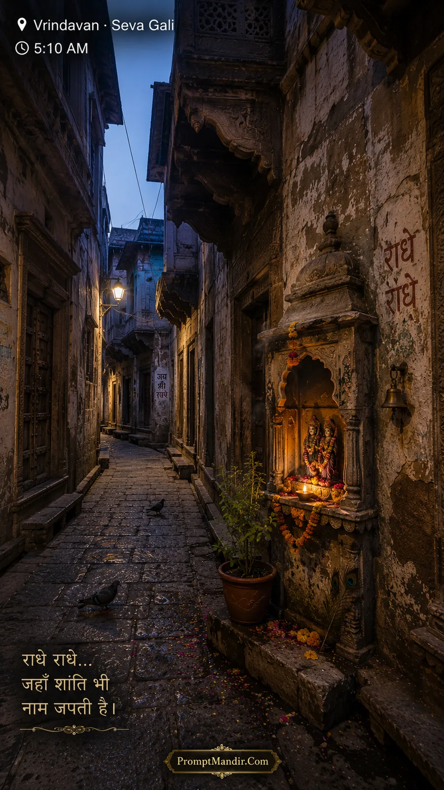 A quiet, pre-dawn view of Seva Gali at 5:10 AM, with a small roadside shrine of Radha-Krishna glowing warmly in the blue light