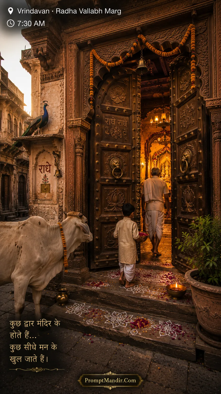 A beautiful morning scene on Radha Vallabh Marg at 7:30 AM, with a child and a man entering a temple, a cow, and a peacock