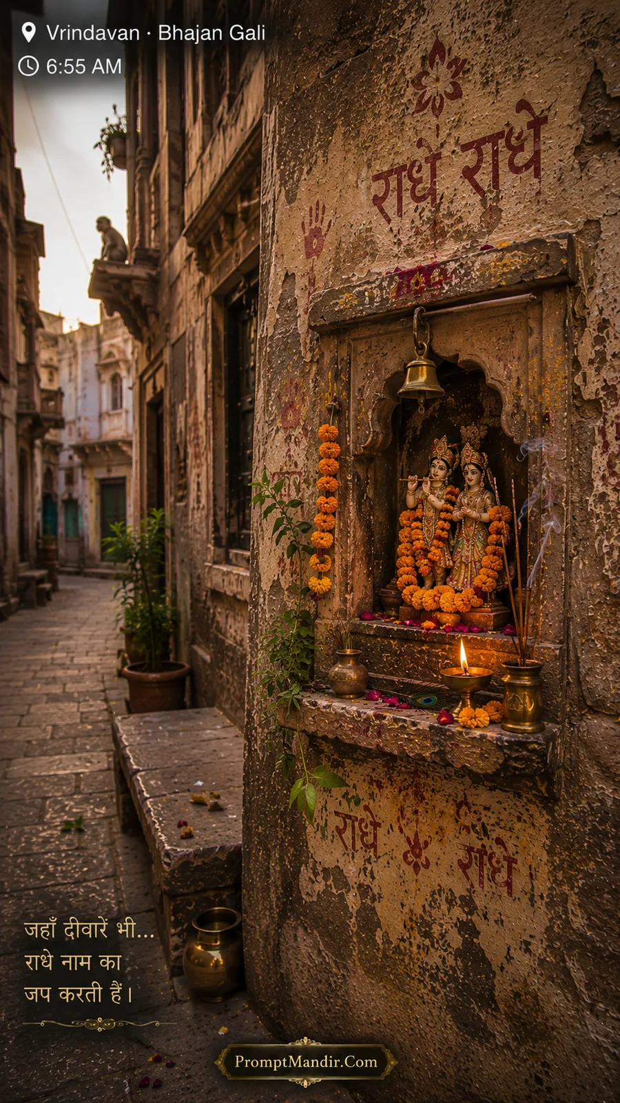 An ancient street corner in Bhajan Gali at 6:55 AM, with a small Radha-Krishna shrine built into the wall, a lit diya, and incense