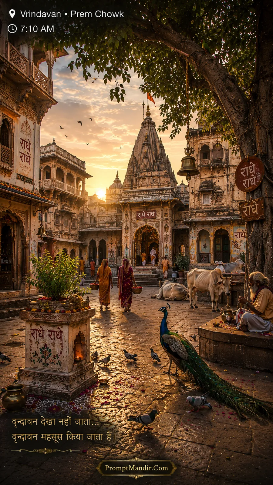The bustling and divine Prem Chowk at 7:10 AM, with a peacock, a sadhu, cows, and a beautiful temple spire at sunrise