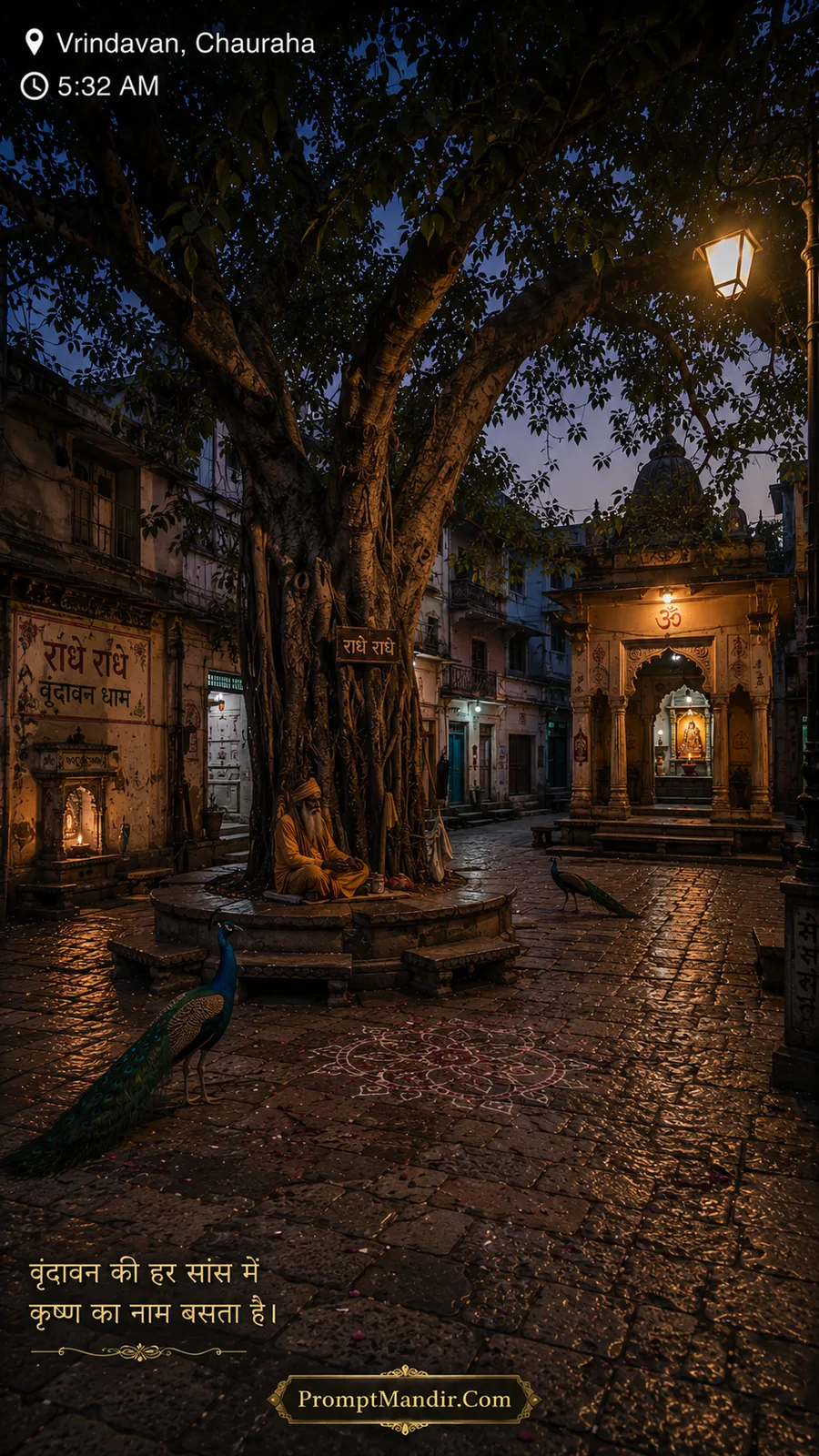 A serene and mystic view of Chauraha in Vrindavan at 5:32 AM, with a sadhu meditating under a banyan tree and a peacock nearby