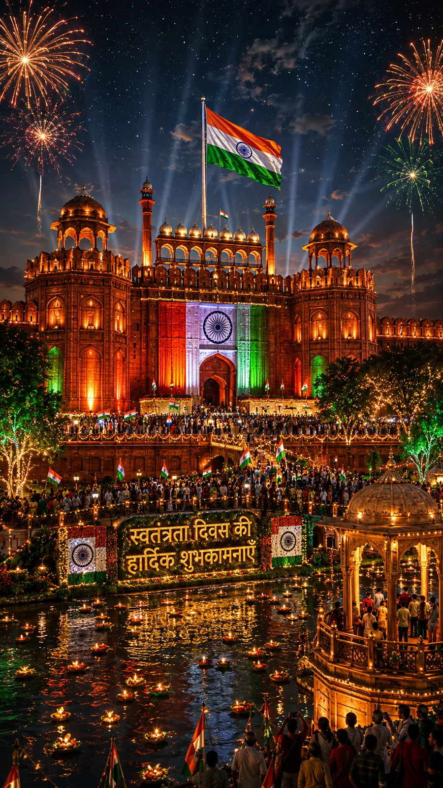 The Red Fort beautifully illuminated in Tricolour lights at night, with fireworks, a huge crowd, and floating diyas in the water, celebrating Independence Day