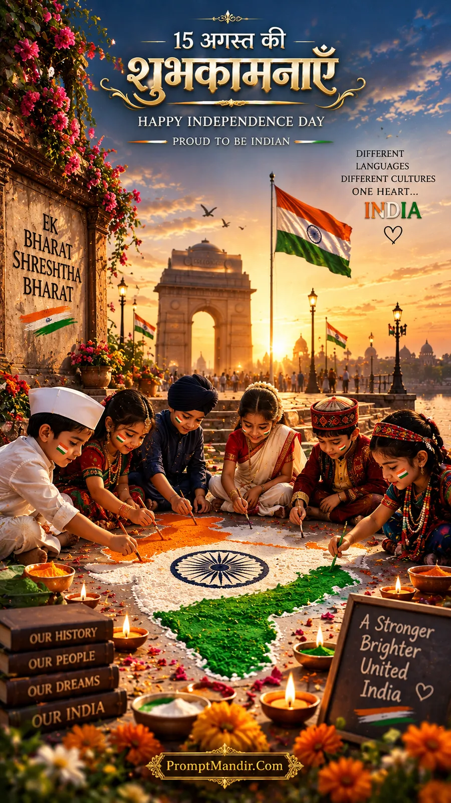 Children from diverse cultures painting a Tricolour rangoli at India Gate at sunrise, with books and 'Ek Bharat Shreshtha Bharat' message