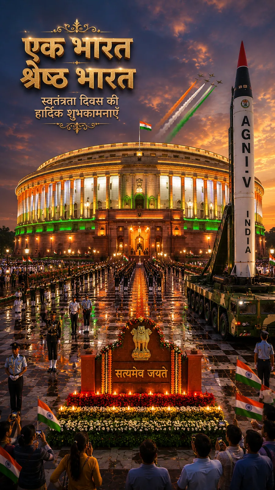 The new Parliament building lit up in Tricolour lights at sunrise, with a fighter jet flypast and an AGNI-V missile on display