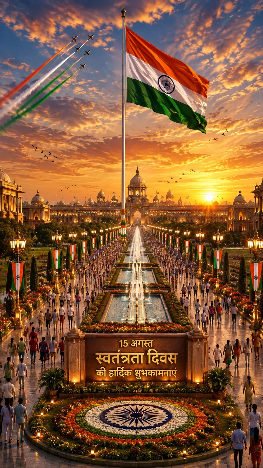 A magnificent view of Kartavya Path at sunrise, with a massive flagpole, fountains, a jet flypast, and a large floral Ashoka Chakra