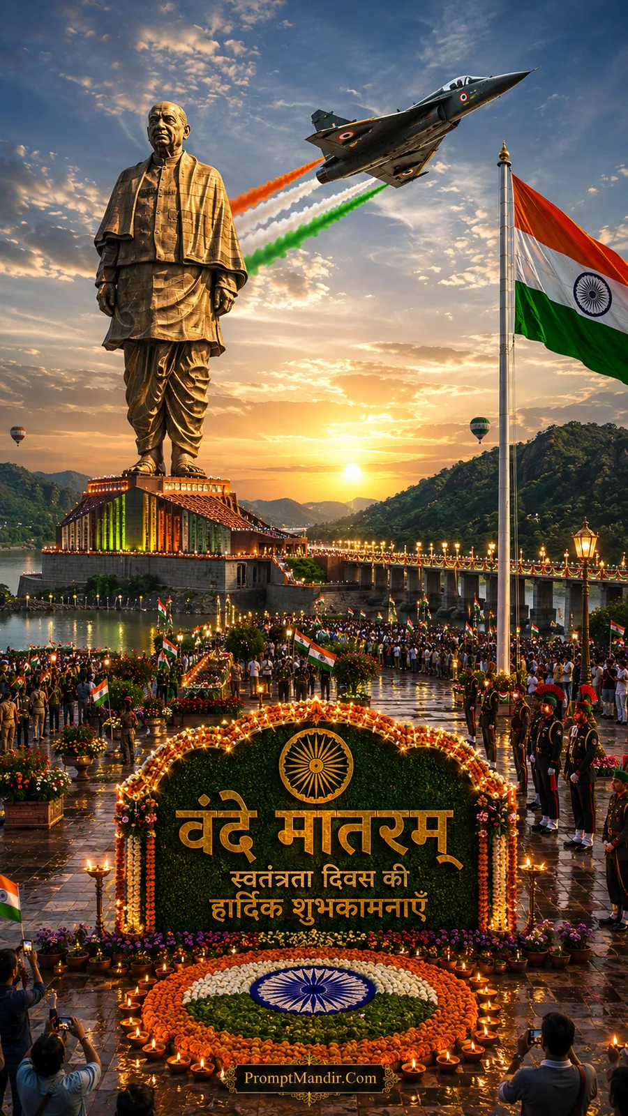 The Statue of Unity at sunrise, with a fighter jet flypast, a massive Tricolour rangoli, and a huge crowd celebrating Independence Day
