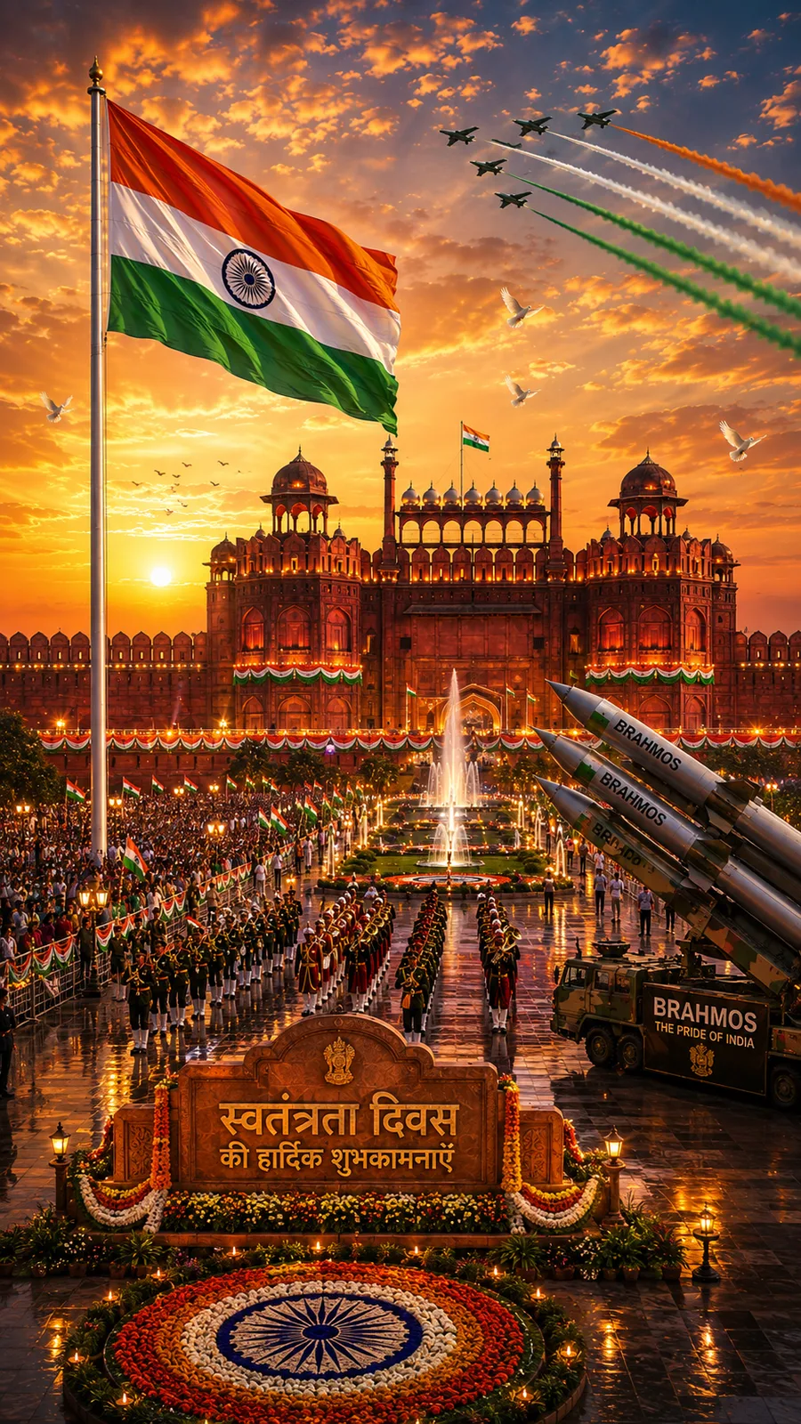 The Red Fort illuminated in the golden light of sunrise, with a fighter jet flypast, Brahmos missiles, and a large crowd