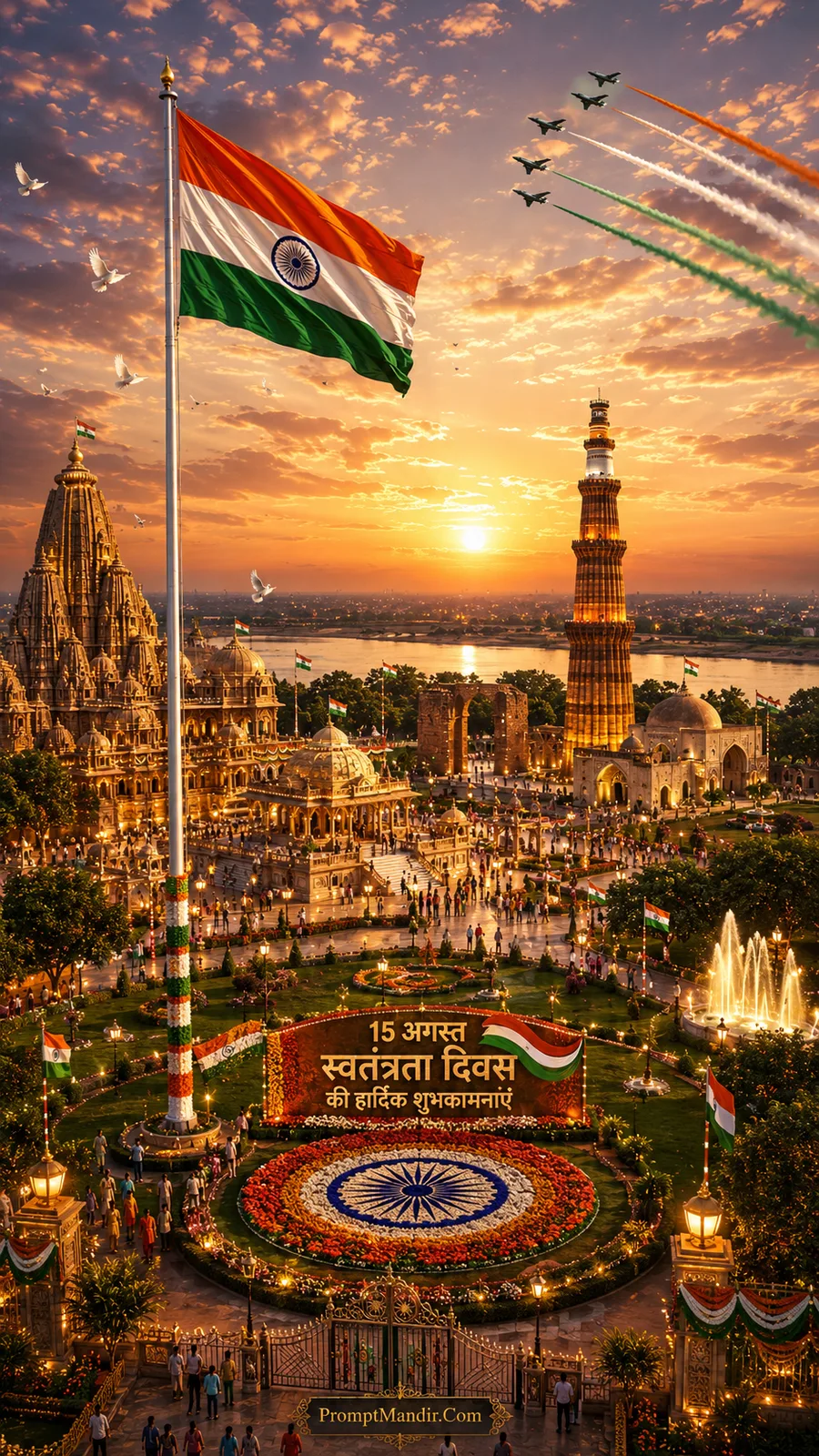 The Qutub Minar and a grand temple complex at sunrise, with a giant Indian flag and a jet flypast