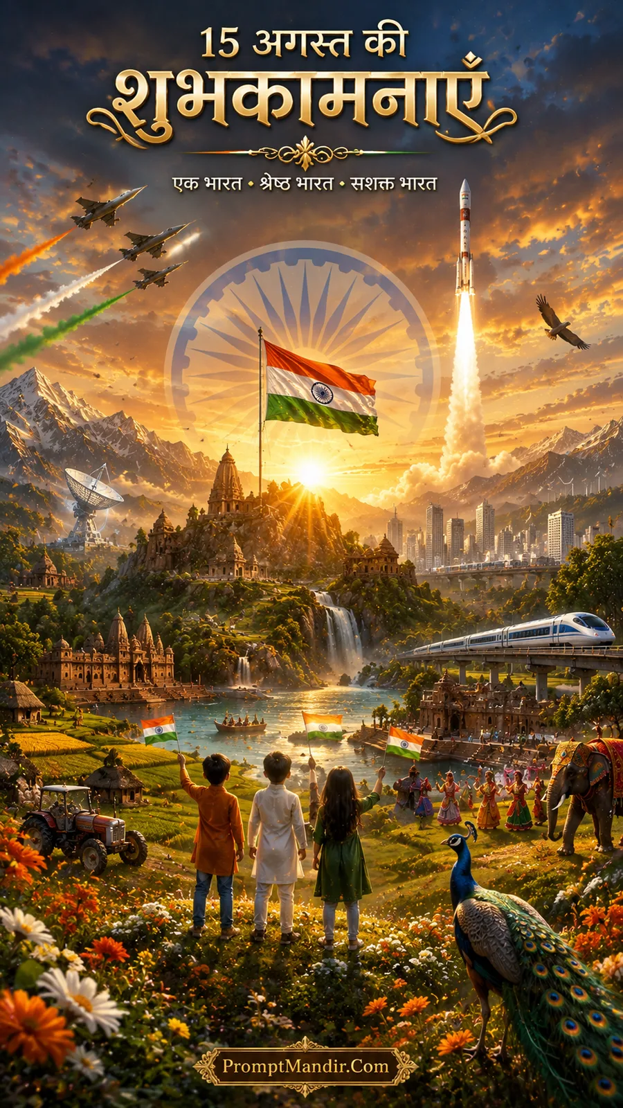 A cosmic artwork of India's Tricolour map from space, with an ISRO satellite, a rocket launch, and a child holding the Indian flag