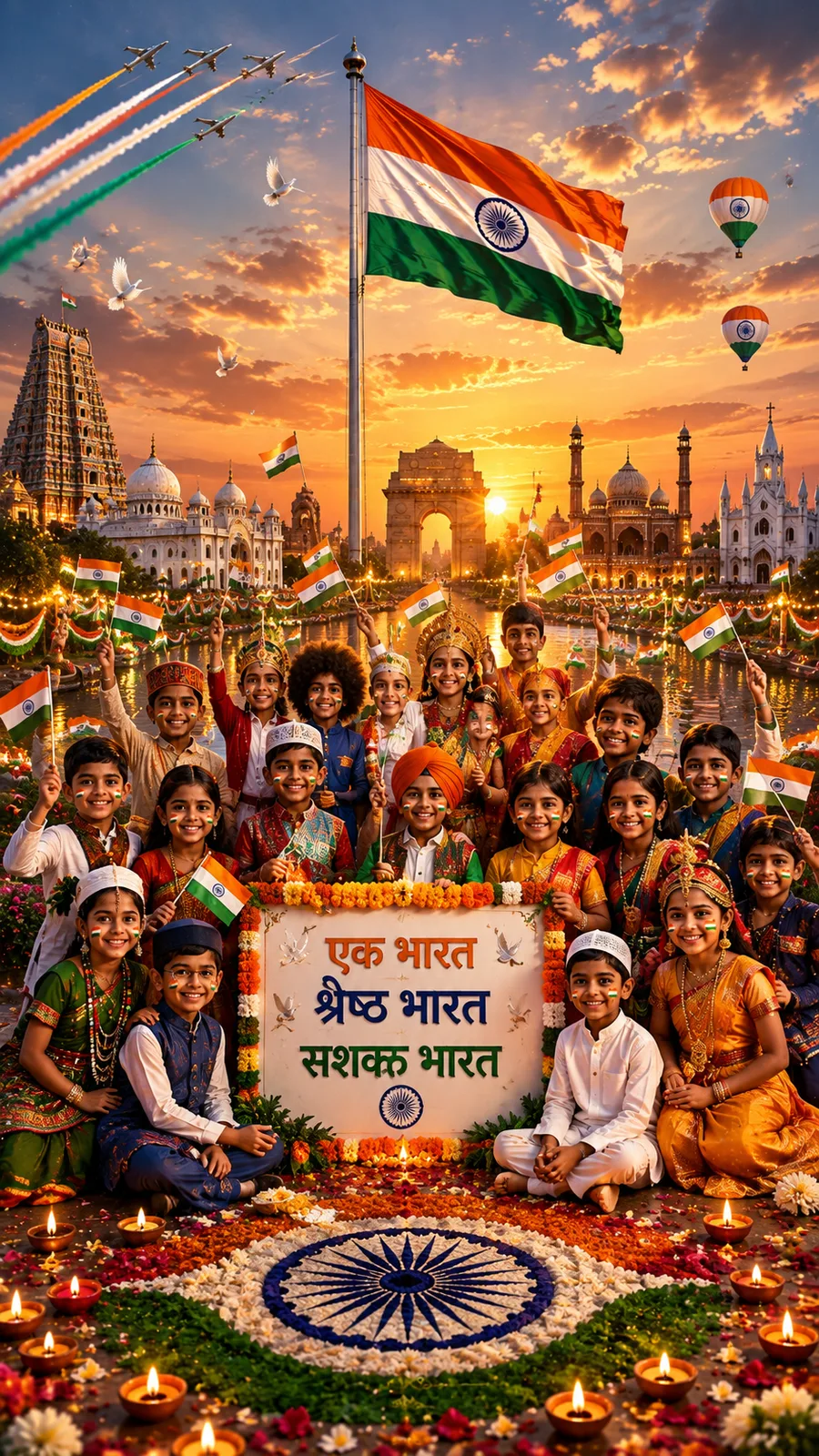 A group of diverse Indian children celebrating Independence Day at India Gate, holding small flags and wearing traditional attire