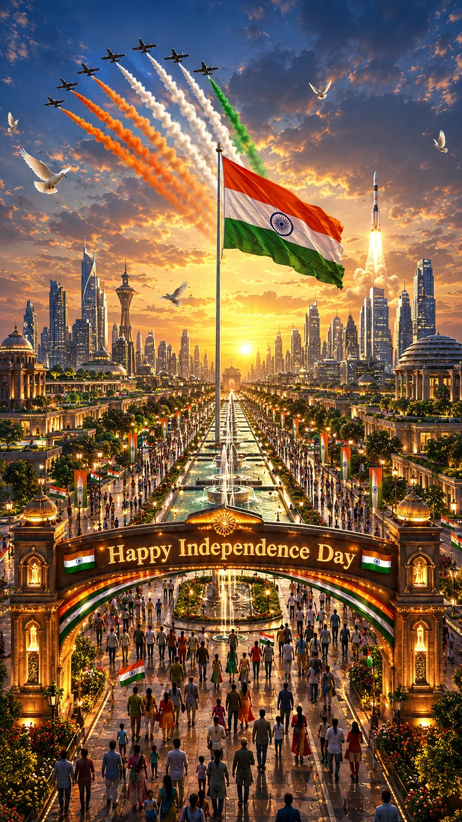 A futuristic cityscape on Independence Day, with a giant flag, a jet flypast, a rocket launch, and a grand arched gateway