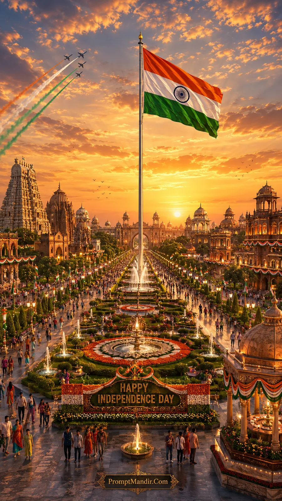 A grand garden and fountain complex decorated with Tricolour flowers, with a giant flag and a flypast of fighter jets