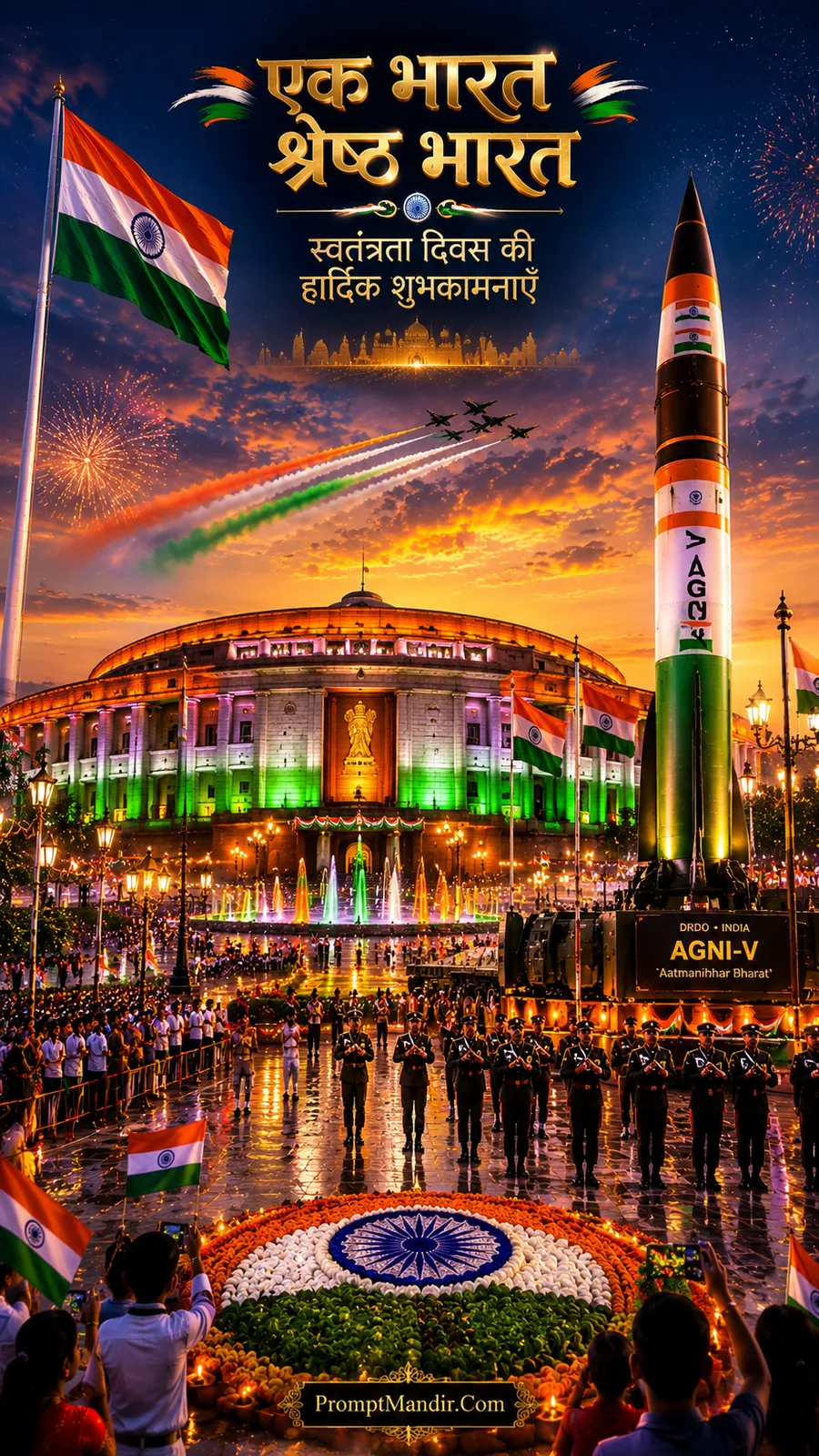 The new Parliament building at night, with a giant flag, fireworks, a flypast, and the AGNI-V missile