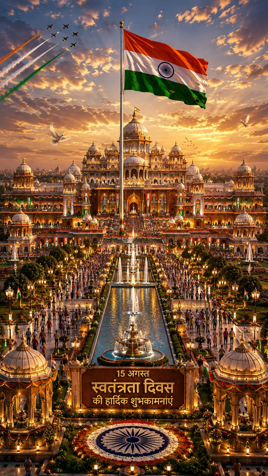 The Mysore Palace (or a similar grand palace) at sunrise, beautifully illuminated, with a giant flag and a jet flypast