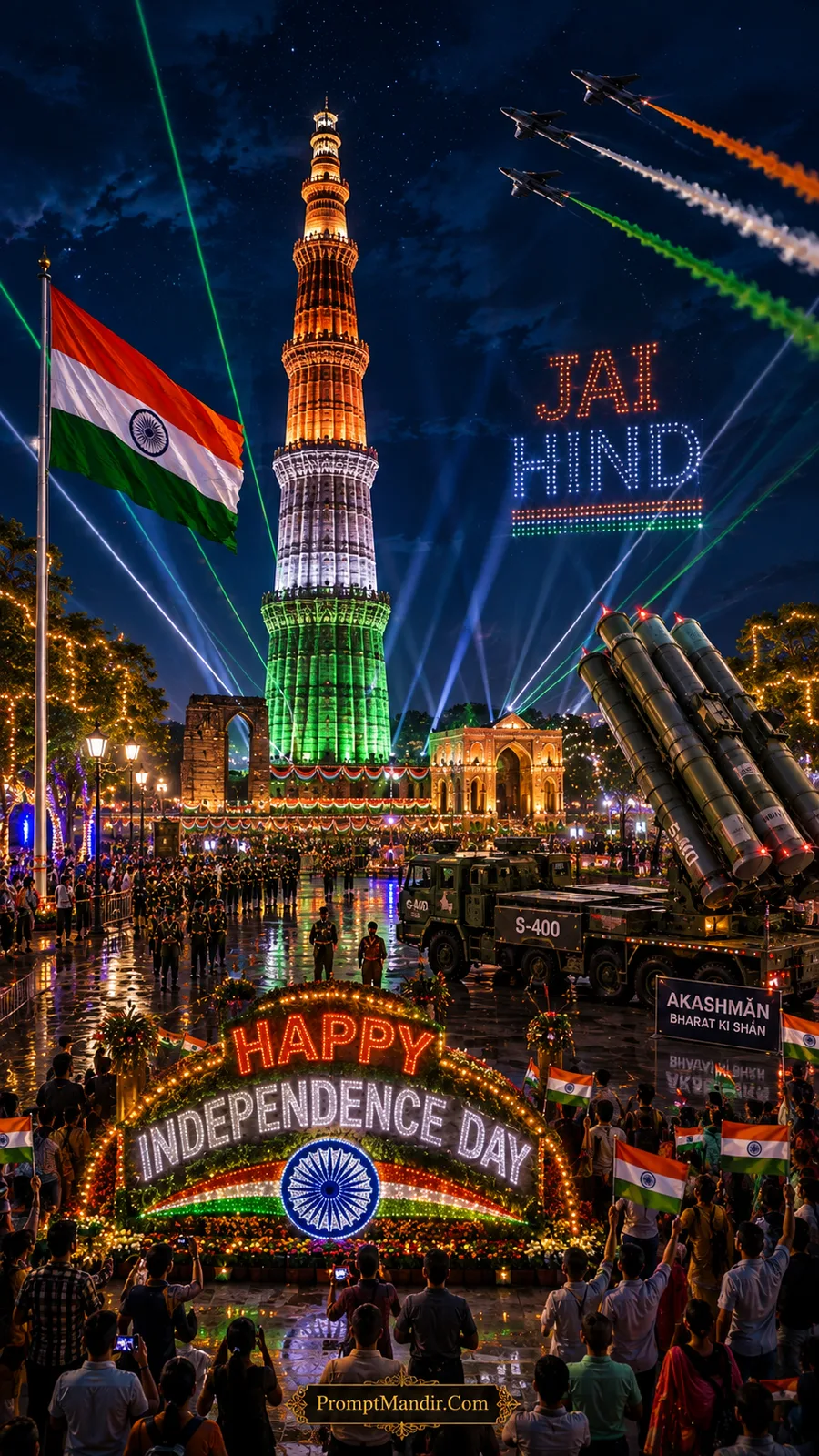 The Qutub Minar at night, illuminated in Tricolour lights, with laser shows, a drone light display, and the S-400 missile system